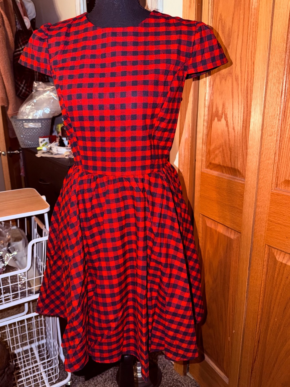 Red and Black Check Midi Fit-and-Flare Dress